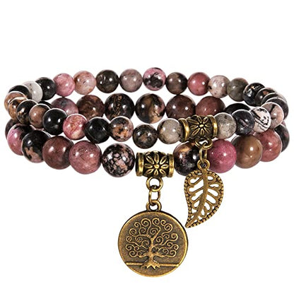 Bivei Natural Semi Precious Gemstone beads bracelet for women - Life Tree and Leaf Charm Energy Reiki Crystal Stretch Bracelets - color: Rhodonite Bracelet Set, size: Medium:6.8-7.24inch
