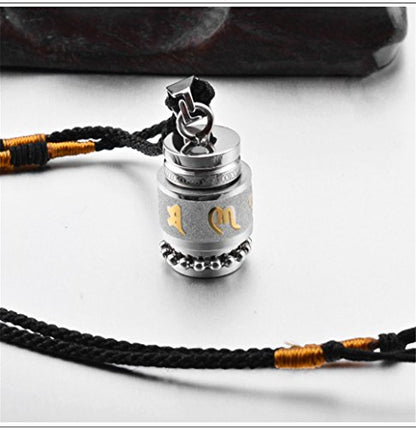 Men's Stainless Steel Open Lucky Buddha Mantra Pendant Necklace Bottle Container Memorial with Braided Rope - color: Mantra - Silver (small)