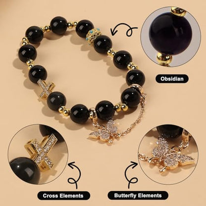 Natural Bead Bracelet 10mm Healing Crystal Bracelet for Women & Men Feng Shui Good Luck Meditation Buddhist Jewelry Handmade Stone Beaded Jewelry for Gift - color: Obsidian