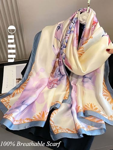 Large Shawl Scarf For Women Lightweight Wraps Silky Headscarf Long Sunscreen Scarfs - color: T21 Light Purple & Blue Edge / 70"x 35"