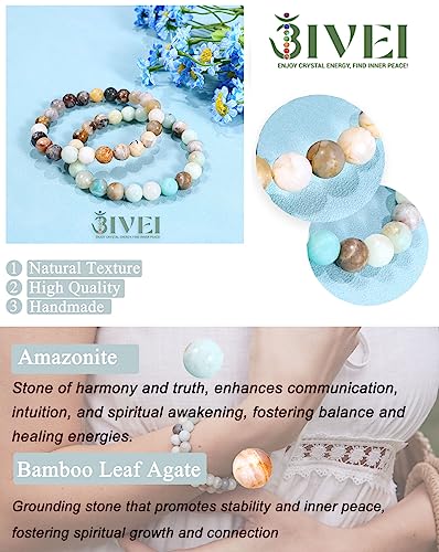 Bivei Natural Gemstone Semi Precious Healing Crystals Handmade Stretchy Round Beads Bracelet,Stocking Stuffers for Women Enhance Positive Energy - color: 8mm Bamboo Leaf Agate & Amazonite (Good Luck), size: Medium: 6.8-7.24 inch