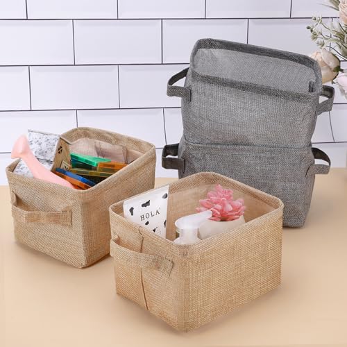 Small Storage Basket Bins Canvas Mini Storage Cubes Storage Basket for Makeup, Baby Toys Liners, Books Nursery Storage Baskets with Handles for Shelves & Desks (3 Jute Gray)