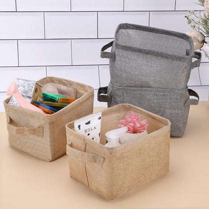 Small Storage Basket Bins Canvas Mini Storage Cubes Storage Basket for Makeup, Baby Toys Liners, Books Nursery Storage Baskets with Handles for Shelves & Desks (3 Jute Gray)