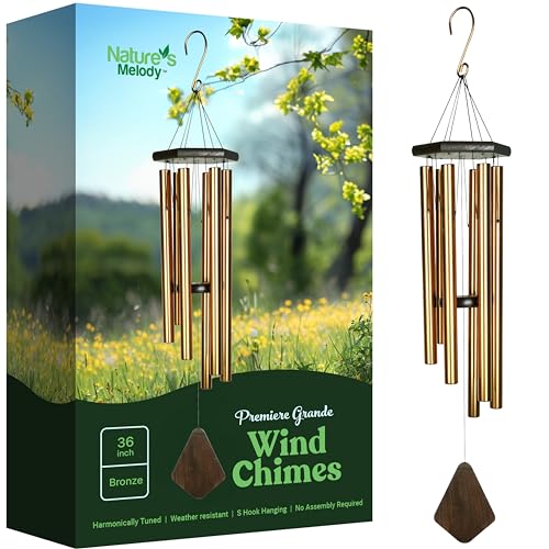Nature’s Melody Premiere Grande Tunes Wind Chimes – Outdoor Windchime with 6 Tubes Tuned to E Pentatonic Scale, Rustproof Aluminum, Beech Wood & S Hook Hanger for Sympathy, Memorial Gift or Zen Garden - color: Bronze, size: 36"