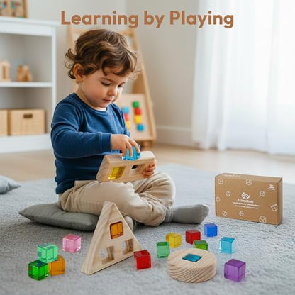 Woodtoe Rainbow Building Blocks Set for Toddlers, 16 PCS Large Acrylic Gem Cubes Stacking Blocks, 3 Wooden Shape, Montessori Stacking Toy for 1 2 3 4 Year Old, Educational STEM Creative Toys for Kids - style: 16 PCS Large Acrylic Blocks Set