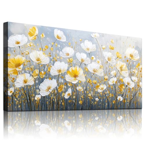 WLWBINTING Floral Wall Art For Living Room Vintage Wall Decor For Bedroom Office Decor large textured wall art Painting White Flower Pictures Artwork Modern Aesthetic Room Home Decor Ready to Hang - color: Golden White Flowers Painting, size: 40"L x 20"W