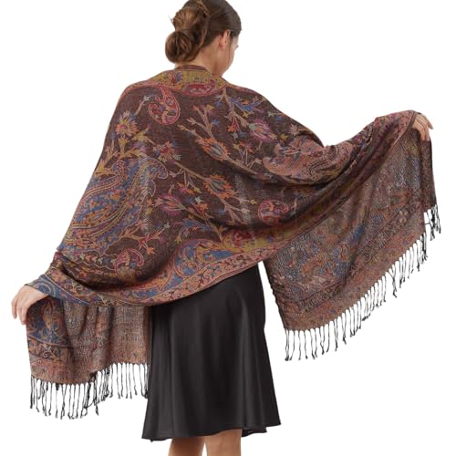 Paisley Pashmina Rave Shawl Scarf-Women's Reversible Ethnic Jacquard Pashmina Wraps for Travel - color: A#.blue Red Yellow