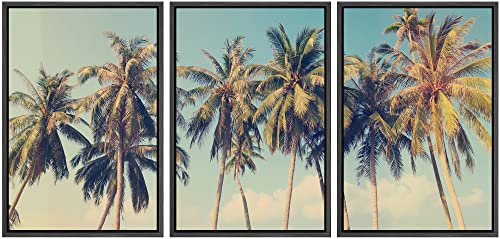 wall26 Framed Canvas Print Wall Art Set Row of California Palm Trees & Blue Sky Nature Wilderness Photography Realism Chic Scenic Relax/Calm for Living Room, Bedroom, Office - 16"x24"x3 Black - color: Artwork - 16, size: 16" x 24" x 3 Panels BLACK
