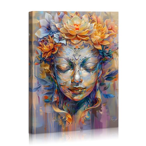 Lotus Flower Wall Art Buddha Canvas Wall Art Flower Blossom Buddha Painting Zen Print Picture on Purple for Yoga Meditation Room Bedroom Framed and Ready to Hang 12"x16" - size: 16"L x 12"W