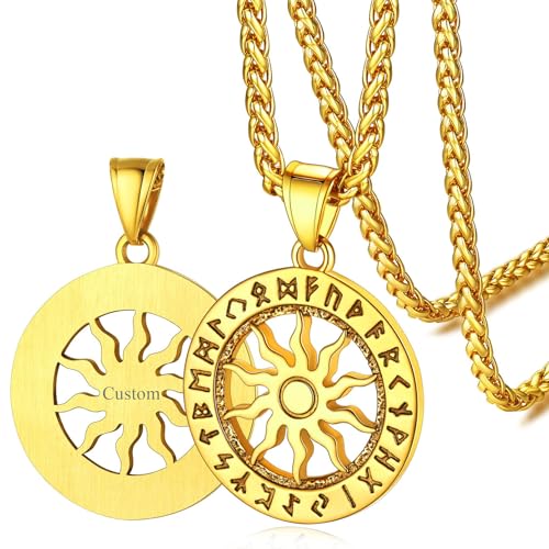 FaithHeart Norse Viking Rune Necklace with Adjustable Braided Leather/Stainless Steel Rope Chains for Men Women, Vintage Amulet Jewelry Gift with Delicate Box - color: 06. Sun Runes Circle-Gold (Personalized)