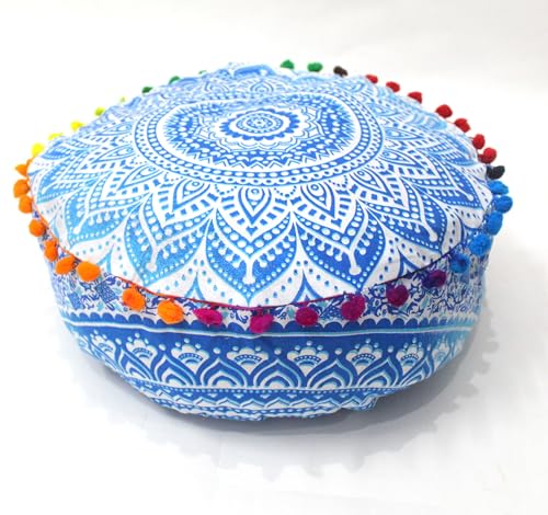 CRAFT KALA 18" Round Large Hippie Mandala Meditation Floor Ottoman Pillow Cushion Pouf Cover Square Poufs Bohemian Circle Floor Cushion Case Outdoor Fireplace Yoga Living Room Decor Cover Blue Ombre - color: Blue and White, size: 18"D x 18"W x 5"H