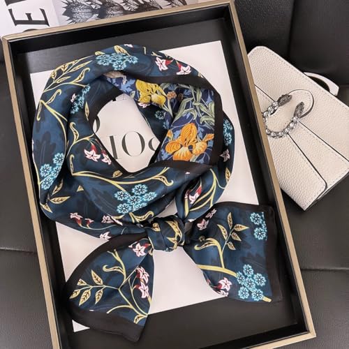 100% Silk Scarf for Women 59”*6.3” Long Shawls for Headscarf and Neck- Oblong Hair Wraps with Gift Packed - color: Floral-navy Blue