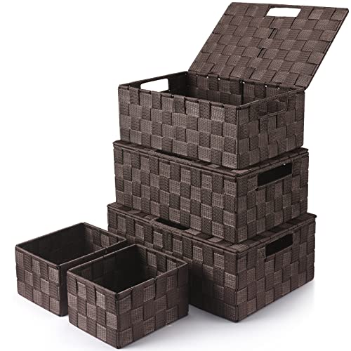 Storage Bins Baskets for Organizing with Lids, Storage Baskets for Shelves Stackable Woven Basket, Gift Small Basket Storage Cubes, Decorative Wicker Basket with Built-in Handles (5 Pack, Brown) - color: Brown, size: 5pack with Lids
