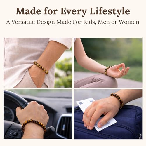 Elm City Direct 8mm Natural Stone Beaded Bracelet – Unisex Crystal Stretch Bracelets for Men & Women, Chakra & Healing Jewelry, Gift-Ready Beaded Bracelets - color: Tigers Eye