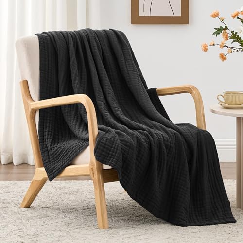 Love's cabin 100% Cotton Muslin Blanket, 6 Layer Lightweight Breathable Gauze Twin Size Blanket 60 x 80 Inches, Soft Summer Blanket for Bed or Couch, Black - color: Black, size: Twin(60"x80")