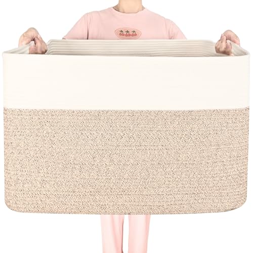 MINTWOOD Design 112L Extra Large Blanket Basket Holder Living Room, 25"x17"x16" Rectangle Rope Woven Storage Basket with Handles for Laundry, Pool Towels, Shoes, Dog Toy Organizer Bin Box, Light Brown - color: Light Brown