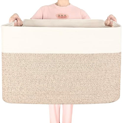 MINTWOOD Design 112L Extra Large Blanket Basket Holder Living Room, 25"x17"x16" Rectangle Rope Woven Storage Basket with Handles for Laundry, Pool Towels, Shoes, Dog Toy Organizer Bin Box, Light Brown - color: Light Brown