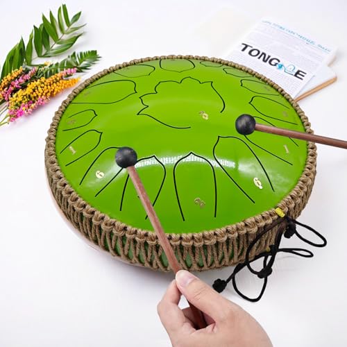 BETESINE 13-Inch 15-Note Steel Tongue Drum in C Major, Beginner-Friendly Meditation Drum with Mallets, Music Book, Finger Picks, Carry Bag & Note Stickers, Apple Green - color: Apple Green