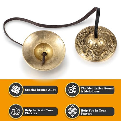 Boao Tibetan Bells Tingsha Cymbals Meditation Chime Bells with Tibetan Drawstring Cloth Bag, 6.3 cm Yoga Finger Meditation Chime for Percussion Instrument(2 Dragons with Bell Embossed) - color: 2 Dragons with Bell Embossed