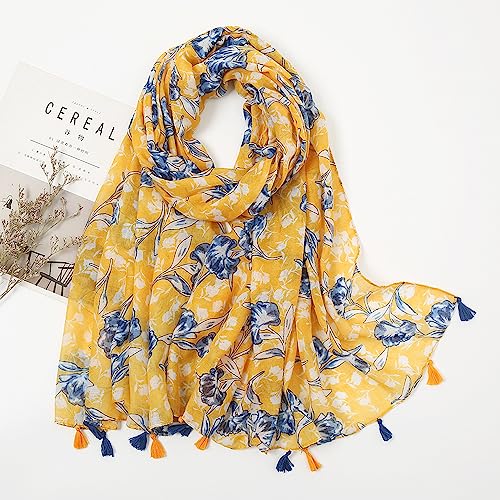 YOUR SMILE Large Boho Scarf for Women Lightweight Floral Printed Scarves Fall Winter Fashion Fringed Shawl wraps - color: 05 Yellow Blue Flower