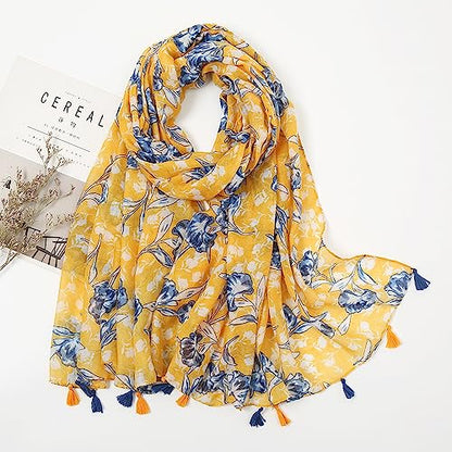 YOUR SMILE Large Boho Scarf for Women Lightweight Floral Printed Scarves Fall Winter Fashion Fringed Shawl wraps - color: 05 Yellow Blue Flower