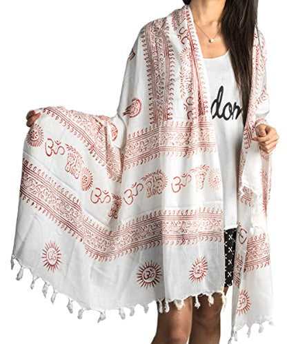Tribe Azure Fair Trade Large Scarf Wrap Yoga Soft Cotton Mix Hand Printed Boho Bohemian Yoga Yellow White Black & Blue (White)