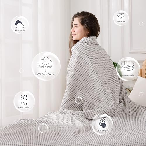 Lightweight Cotton Waffle Throw Blanket, Modern Two-Tone Check Pattern, Soft & Breathable for Bed, Couch, Sofa, All Seasons –Gray/White, 50"x60" - color: Gray/White, size: Throw