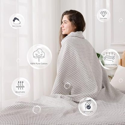 Lightweight Cotton Waffle Throw Blanket, Modern Two-Tone Check Pattern, Soft & Breathable for Bed, Couch, Sofa, All Seasons –Gray/White, 50"x60" - color: Gray/White, size: Throw