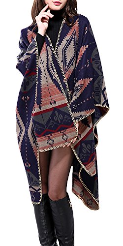 Urban CoCo Women's Color Block Shawl Wrap Open Front Poncho Cape - color: Navy Blue