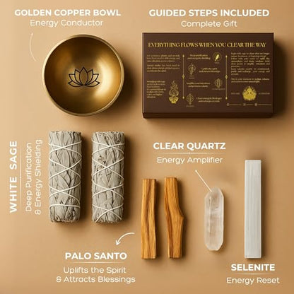 Anima Premium Energy Cleansing Set – White Sage Smudge Sticks, Palo Santo Sticks, Clear Quartz & Selenite Crystal with Smudge Bowl for Crystals & Home Cleansing, Meditation & Manifestation