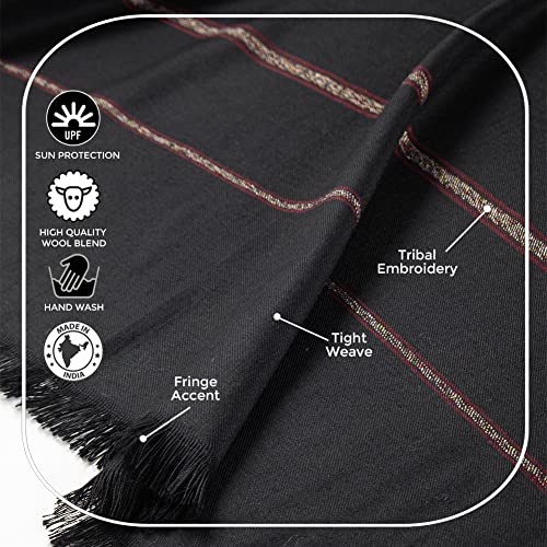 Versatile Premium Wool Blend Meditation Shawl - Large Unisex Prayer Wrap, Oversized Scarf & Yoga Blanket - color: Black