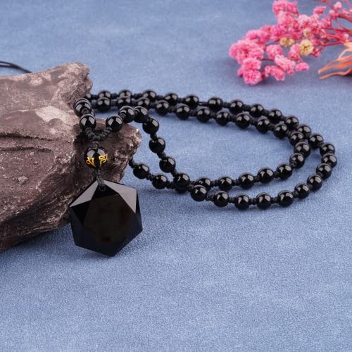 Black Obsidian Necklace Protection Pendant with Extended Bead Chain Healing Crystal Stone Amulet Necklace for Men Women - color: Hexagram