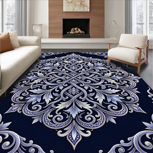 Design&I Low Pile Flatwoven Area Rug 4x6, with Interlocking Filigree, Machine Washable, Stain Resistant Indoor Rug for Living Room, Bedroom, Non Slip(Blue, 4x6) - color: Blue/Pattern 12, size: 4' x 6' (Rectangular)