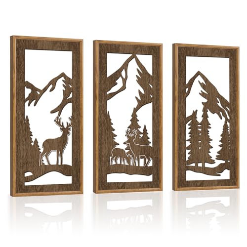 3PCS Jungle Animals Wall Decor,Rustic Mountain Forest Wooden Sign for Living Room,Vintage Abstract Deer Pine Trees Hanging Wood Plaque Wall Art Nature Wall Sculpture for Home Office(8x16Inch) - color: Mountain Animals Wooden Wall Art