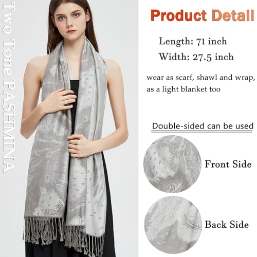 Pashmina Shawl Wrap with Ethnic Paisley Two Tone Jacquard Scarf for Women - color: Feather-grey