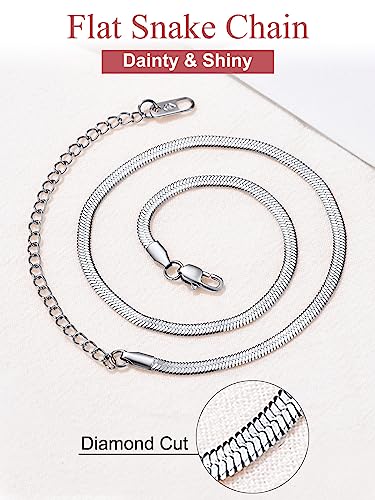 FOCALOOK 14K Gold Plated Necklaces for Women, Fashion Herringbone Choker Necklace Stainless Steel Flat Snake Chain 3/5MM(W) 12.5"/15"/18"+3.5"(L) - color: 3MM-Silver-12.5"