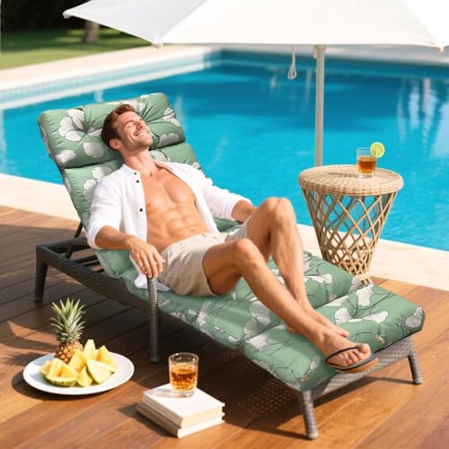 Outdoor Chaise Lounge Chair Cushion 75.1 x 23.6 x 4.7in, Waterproof Replacement Cotton Patio Thickened Pool Lounge Chair Cushion with Ties for Patio Outdoor Furniture,Ginkgo Breeze - color: Ginkgo Breeze