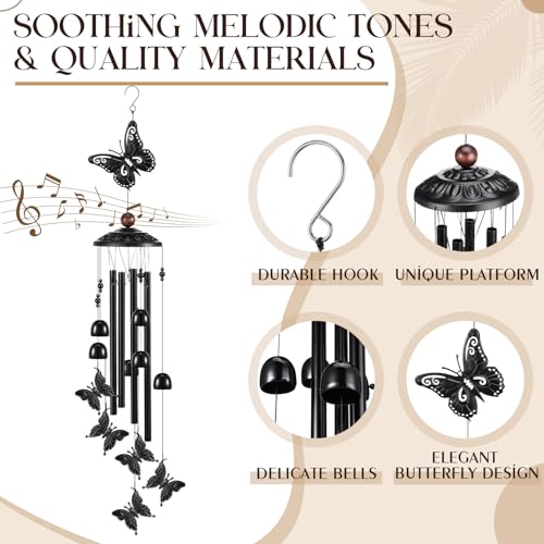 35" Christmas Butterfly Wind Chimes for Outside Garden Decor with 4 Aluminum Tubes and 6 Charming Bells for Patio Porch Yard Decor, Christmas Gifts for Women Mom Grandma(Black)