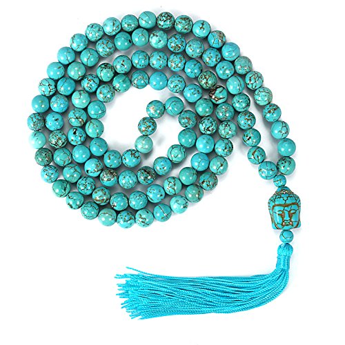LIUANAN 108 Mala Beads 8mm Natural Bracelet Healing Gemstone Yoga Meditation Hand Knotted Mala Prayer Bead Necklace - color: Natural Turquoise