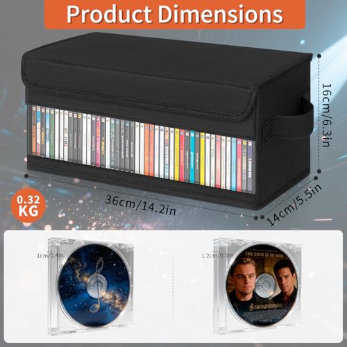 Home CD Storage Case Organizer Bag for Cassette CD, Portable and Large Capacity with Transparent Cover Carrying Handles and Zipper, Black (Black-Side Window, 2 Pack) - size: 2 Pack