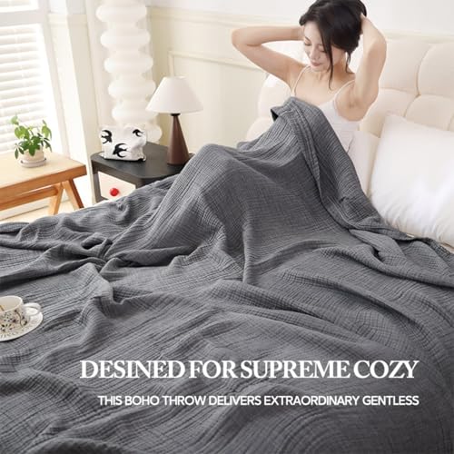 Boho Throw Blanket, 100% Cotton Ultra Soft Luxury Throw Rustic Quilt, Muslin Breathable Soft Bed Throw ，All Throw for Sofa Couch Chair 60×80 Inch (Grey Cotton Blanket 80x90 Inch, 80x90 Inch) - color: Grey, size: 80x90 Inch