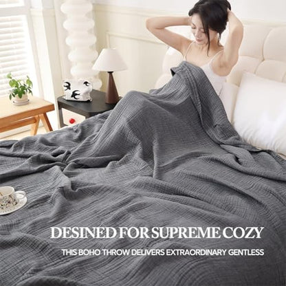 Boho Throw Blanket, 100% Cotton Ultra Soft Luxury Throw Rustic Quilt, Muslin Breathable Soft Bed Throw ，All Throw for Sofa Couch Chair 60×80 Inch (Grey Cotton Blanket 80x90 Inch, 80x90 Inch) - color: Grey, size: 80x90 Inch