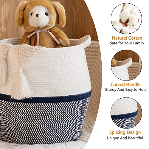 KAKAMAY Woven Baskets for Storage(17"x17"),Large Cotton Rope Basket Woven Baby Laundry Hamper,Collapsible Laundry Basket, Blanket Basket for Living Room,Nursery,Clothes, Toy chest(Navy Blue) - color: Navy Blue