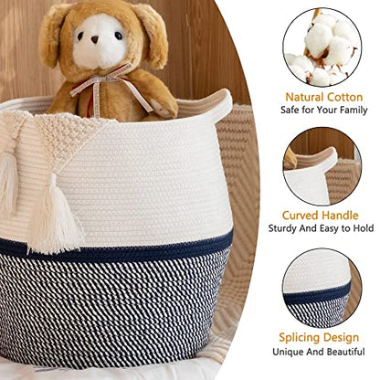 KAKAMAY Woven Baskets for Storage(17"x17"),Large Cotton Rope Basket Woven Baby Laundry Hamper,Collapsible Laundry Basket, Blanket Basket for Living Room,Nursery,Clothes, Toy chest(Navy Blue) - color: Navy Blue