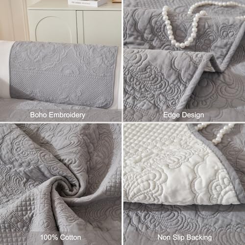 vctops Boho Cotton Quilted Couch Cover Soft Embroidered Sofa Cover Non-Slip Dog Bed Cover Scalloped Sofa Slipcover Washable Furniture Protector Cover (Light Grey,28"x70") - color: Light Grey, size: 1pc/28"x70"/Rectangular