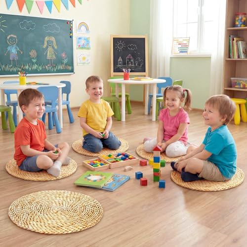Sintuff 8 Pcs 16 Inch Straw Floor Cushions Classroom Large Pillow Seating Meditation Floor Pillow Boho Natural Woven Seat Cushion Japanese Tatami Cushion for Classroom Home Group Activity