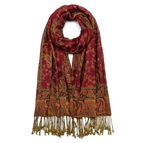 QIUTIMIY Paisley Pashmina Shawl Wrap Women Reversible Vintage Jacquard Pashmina Rave Scarf with Fringe for Evening, Wedding - color: Flower1-wine Red