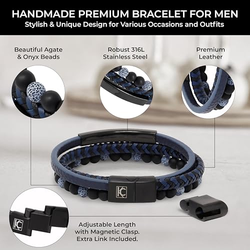 Premium Men’s Bracelet | Leather Bracelet for Men | Beaded Bracelets Black Onyx & Tiger-Eye Beads | Brown Leather Jewelry with Adjustable Stainless-Steel Clasp | Gift Dad Husband Son Boyfriend - color: Blue/Black