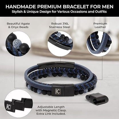 Premium Men’s Bracelet | Leather Bracelet for Men | Beaded Bracelets Black Onyx & Tiger-Eye Beads | Brown Leather Jewelry with Adjustable Stainless-Steel Clasp | Gift Dad Husband Son Boyfriend - color: Blue/Black