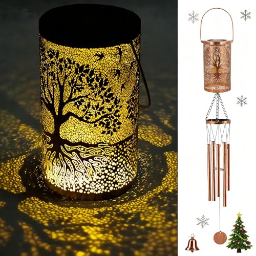 36" Solar Wind Chimes Hanging Lights Outdoor Detachable Led Lantern Metal Wind Chimes for Outside Unique Tree Life Garden Hanging Solar Decorative as Gift for Mom Women Grandma (Bronze) - size: 36‘’-Tree